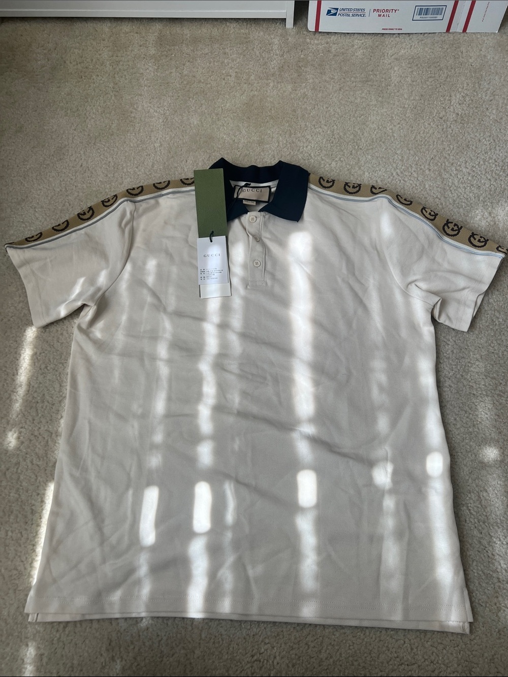 Cream Polo with Navy Collar and GG Shoulder Tape